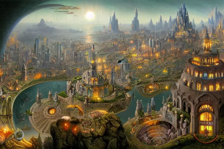 Image similar to a beautiful stunning insanely detailed fantasy matte painting of a magical mythical city buzzing with activity by Heironymous Bosch and Jim Burns