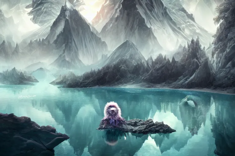 Image similar to crystallized yeti in the lake, breathtaking, mixed media, digital art, trending on artstation, deviantart, 8k, epic composition, intrinsic details, AAA graphics