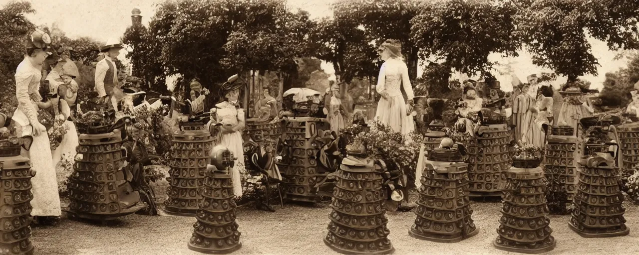 Image similar to Daleks attending a Victorian sepia photo of a tea party.