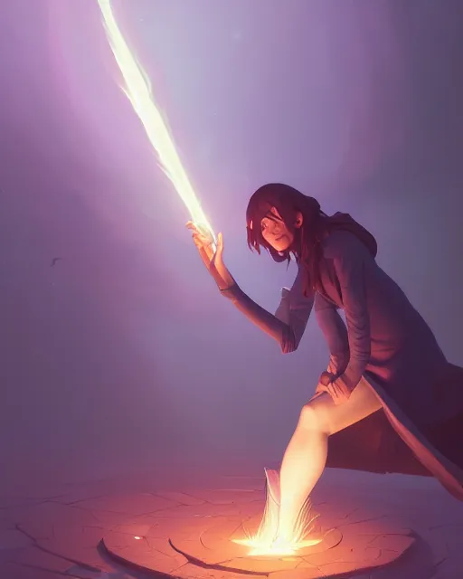 Image similar to highly detailed vfx portrait of an young mage casting a light spell, unreal engine, greg rutkowski, loish, rhads, beeple, makoto shinkai and lois van baarle, ilya kuvshinov, rossdraws, tom bagshaw, alphonse mucha, global illumination, detailed and intricate environment