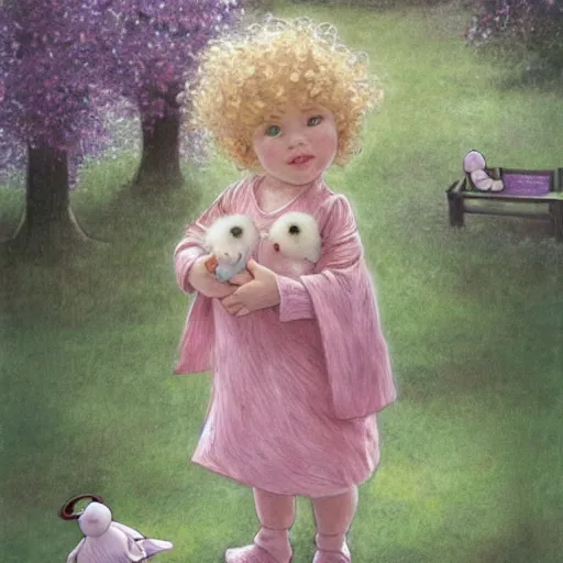 Prompt: a beautiful [[[[[smiling]]]]] little blonde toddler girl with short loosely curly hair, at the park on a beautiful day, holding a round all-pink stuffed penguin, by Artgerm, Mucha Klimt, Hiroshi Yoshida and Craig Mullins, featured on Artstation, CGSociety, Behance HD, Deviantart