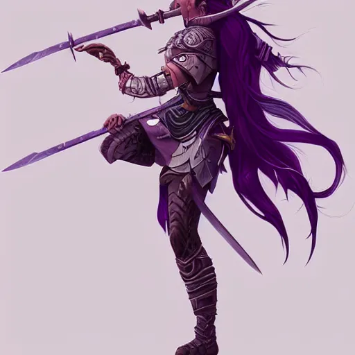 Image similar to beautiful female warrior with long purple hair and sword leaping through the air, highly detailed, trending on artstation, stylized, by WLOP