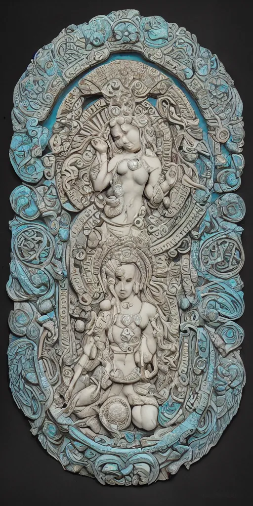 Image similar to intricate colourfully painted carved Soapstone relief paneling, white and pale blue , celestial, piggy, pig goddess, mother earth, Earth Goddess mythology, Gaia, angels, divinity, Ghostly, crystaline celtic, insanly detailed , artstation, wallpaper, hyper realistic, realistic lighting