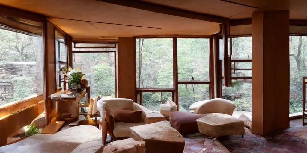 Prompt: interior of a small frank lloyd wright apartment with award winning stone work wall, photo