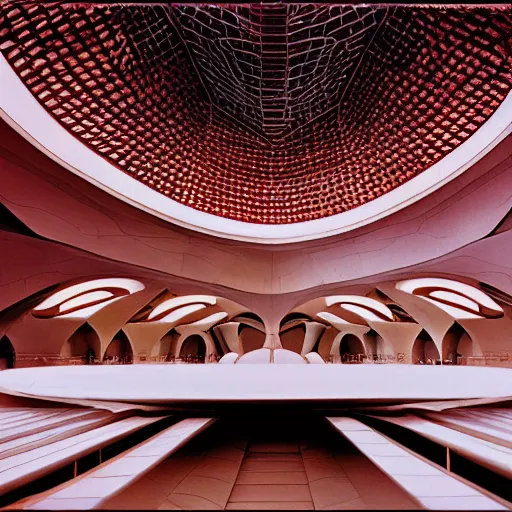 Image similar to interior of a futuristic lotus temple space station with gold, red and white marble panels, by buckminster fuller and syd mead, intricate contemporary architecture, photo journalism, photography, cinematic, national geographic photoshoot