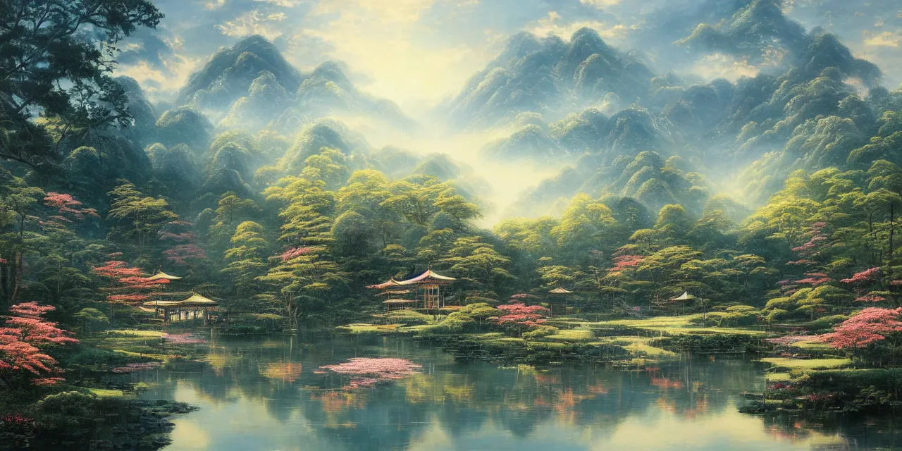 Prompt: a realistically rendered chinese style painting, 8 k, light effect, three - dimensional, trending on artstation, by thomas kinkade, yuumei, victo ngai, lars van de goor, horizontal line composition, lake, many lotus leaves, water surface, lake pavilion, distant mountains, white sun, blue sky, lotu