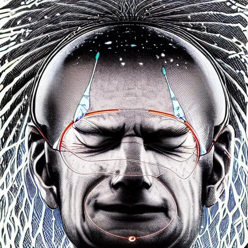 Image similar to moebius portrait of a zen EEG meditator, cyberpunk science fiction, ultra detailed ecstatic facial expression somewhere between happiness and love, electrodes on scalp, incredible illustration