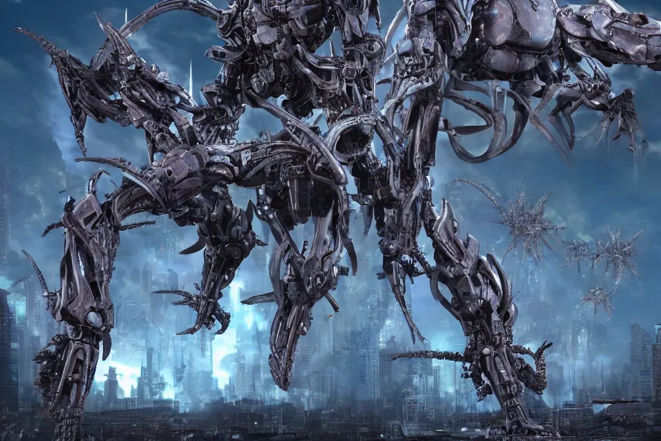Prompt: Biomechanical Dark Guyver Battles Mecha Kaiju From Monster Island In Neo Tokyo Circa 6000, hyperrealistic, octane render, HDR, Yaushi Nirasawa Moebius HR Giger Style
