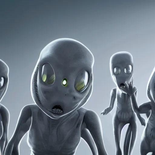 Image similar to Photorealistic gray aliens pointing with their mouths open and a glowing spaceship in the background