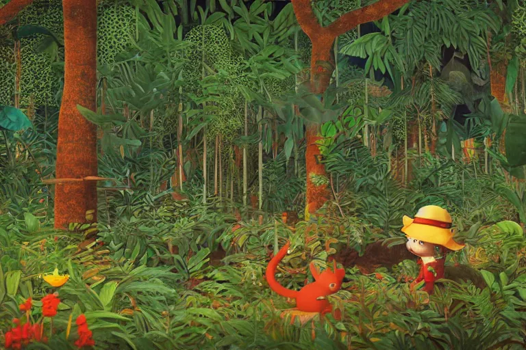 Prompt: photorealistic, night jungle, forest, stars, highly detailed, unreal engine render concept art, style of henri rousseau and richard scarry and hiroshi yoshida