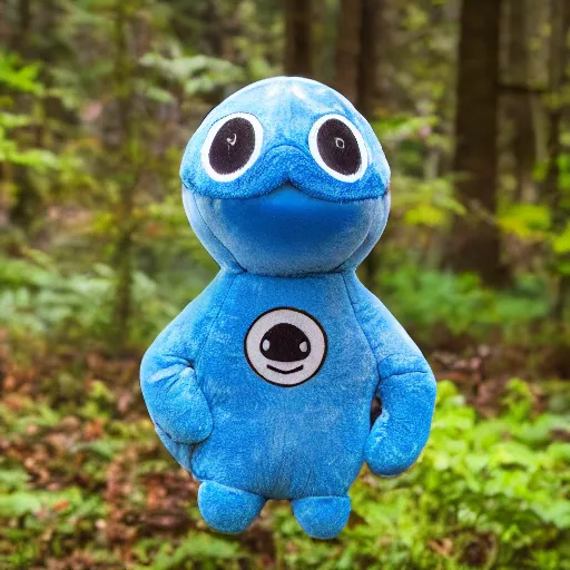 Prompt: blue'snappy gifts'logo plush doll with smiley face in magical forest, gifts, dark atmosphere, high detail, soft lighting, 8 k