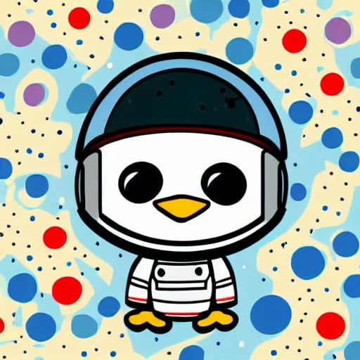 Image similar to cute astronaut penguin with helmet on, floating on space, minimalist cartoon style