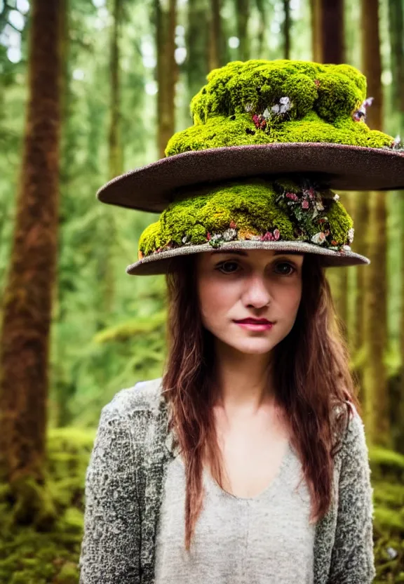 Prompt: a close up of a person in a forest with a beautiful hat made of lichen and flowers, depth of field portrait, hd photography, intricate