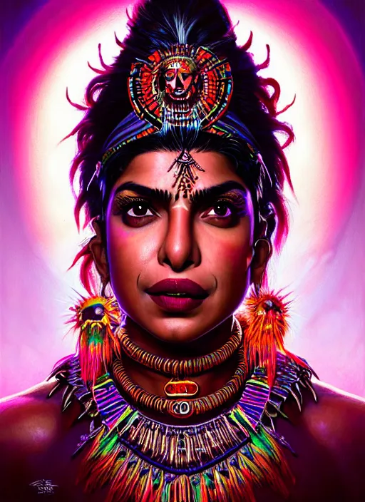 Prompt: portrait of priyanka chopra, hyper detailed ultra sharp aztec shaman warrior. trending on artstation, warpaint aesthetic, bloodwave, colorful, psychedelic, ornate, intricate, digital painting, concept art, smooth, sharp focus, illustration, art by artgerm and greg rutkowski and h. r. giger, 8 k