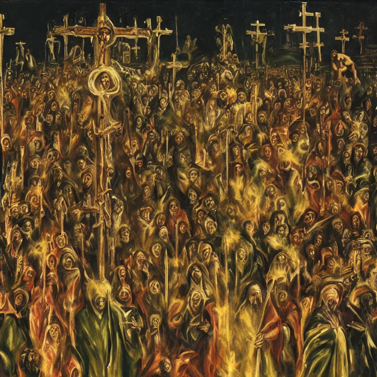 Prompt: A Holy Week procession of souls in a Spanish green village at night. A figure at the front holds a cross, trending on artstation, highly detailed, 50mm, by El Greco, Remedios Varo y Salvador Dali.