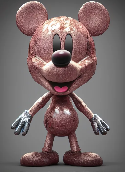 Image similar to Mickey mouse, fractal, broken, wet, mycelium, radiant alien, rococo, baroque, automotive, bio-mechanical, porcelain, iridescent sub surface scattering, octane render