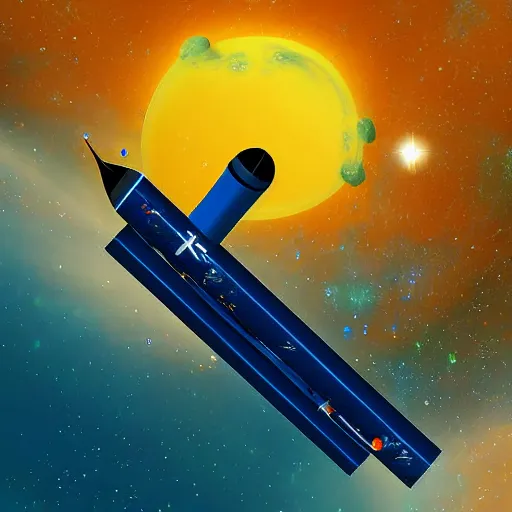 Prompt: Blue Ariane 6 in space, Orange planet, digital art, highly detailed