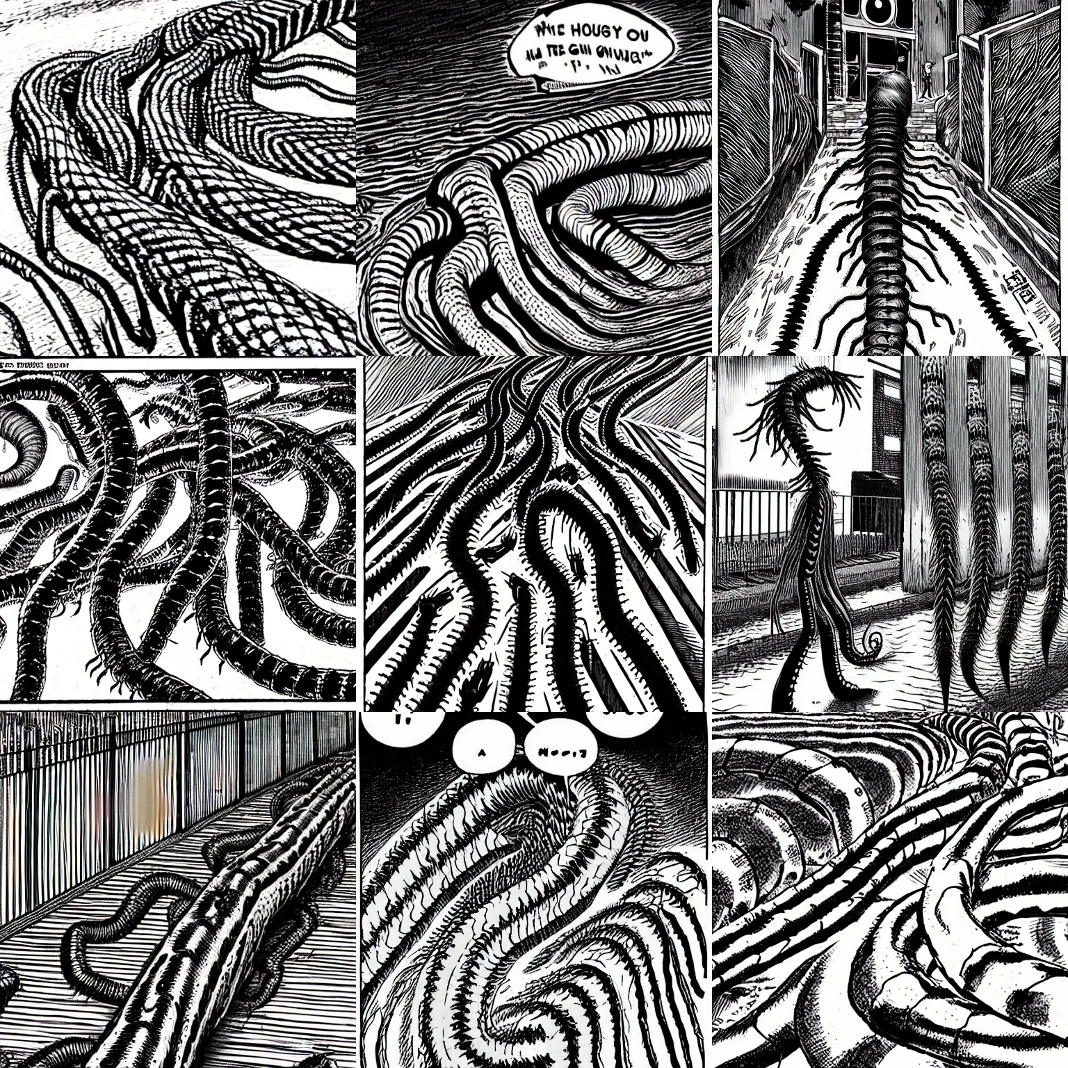 Prompt: a huge centipede walking on the street by junji ito