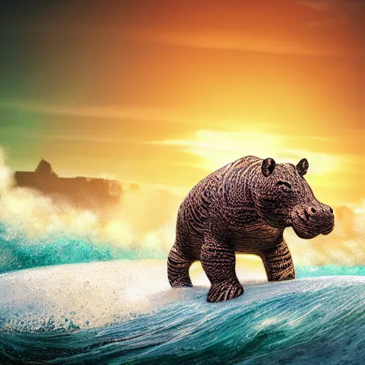 Image similar to a closeup photorealistic photograph of a cute smiling knitted tiger hippopotamus riding a large wave at sunset. surf in the background. professional capture. brightly lit scene. this 4 k hd image is trending on artstation, featured on behance, well - rendered, extra crisp, features intricate detail, epic composition and the style of unreal engine.