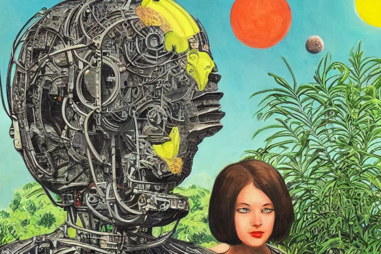 Image similar to gigantic robot - girl head floating in the space, a lot of exotic plants, trees, flowers, oldschool vintage sci - fi flat surreal grainy design, super - detailed, painting by art spiegelman, hd, 4 k, high quality