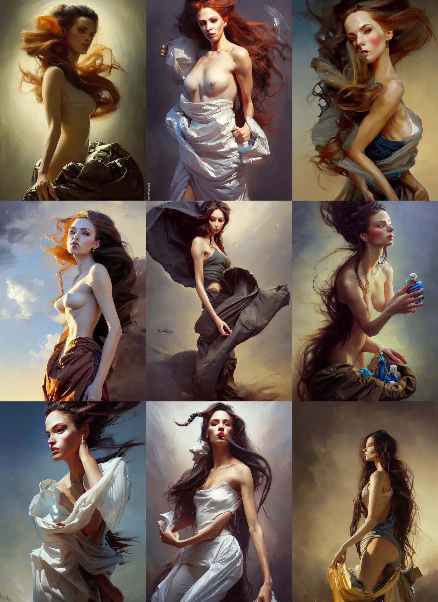 Image similar to fine art portrait oil painting of a beautiful woman with long hair wearing a garbage bag for clothes, perspective, ultra detailed, elegant, intricate, dynamic lighting, hyperrealism, sharp focus, art by peter mohrbacher and greg manchess and andrei riabovitchev