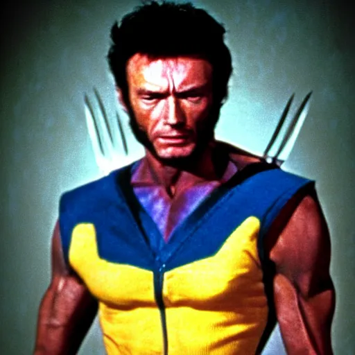 Image similar to 8 0 s, vhs, vintage movie, grain, clint eastwood as wolverine in blue and yellow costume,