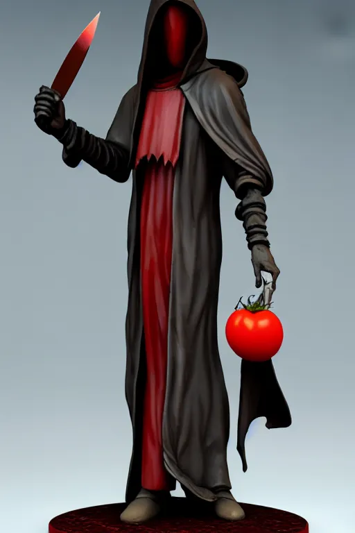 Image similar to a statue of a hooded cultist is holding a bloody knife in one hand and a tomato on the other, by patrick mcenvoy and michael komarck and fantasy flight, incredible quality, trending on artstation