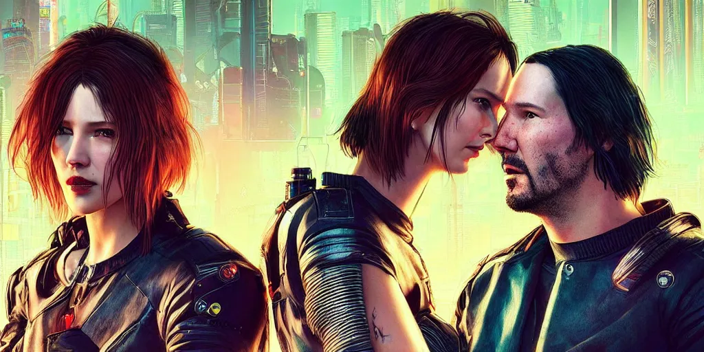 Prompt: a cyberpunk 2077 srcreenshot couple portrait of Keanu Reeves and a female android final kissed in night city,love,film lighting,by Lawrence Alma-Tadema,Andrei Riabovitchev,Laurie Greasley,Dan Mumford,John Wick,Speed,Replicas,artstation,deviantart,FAN ART,full of color,Digital painting,face enhance,highly detailed,8K,octane,golden ratio,cinematic lighting