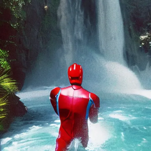 Prompt: a realistic photo of an ultraman swimming in a waterfall in the mountain