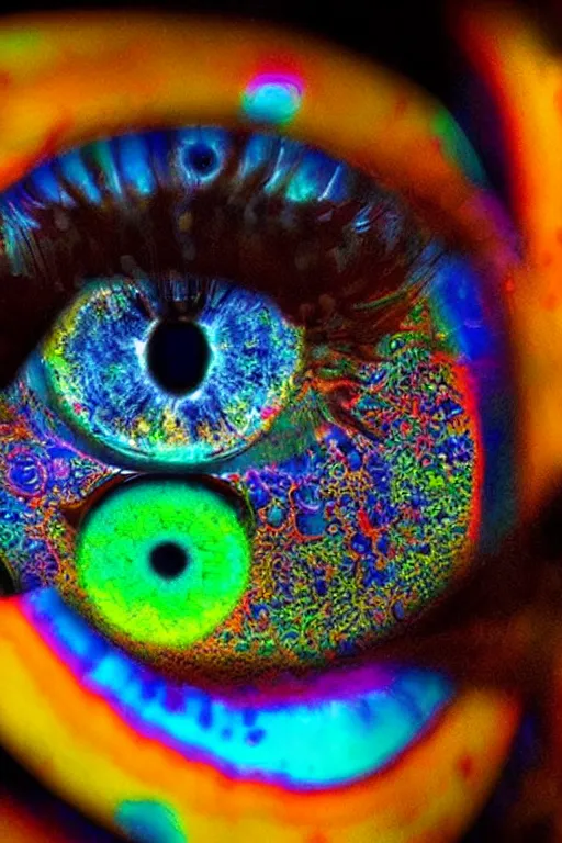 Prompt: a colorful vibrant closeup photo of an alien eye, psychedelic and beautiful and colorful