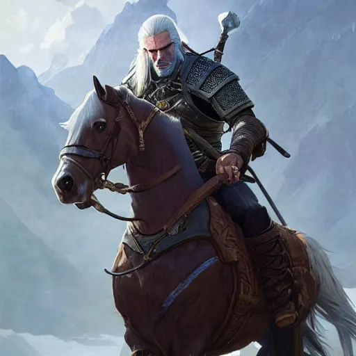 Image similar to geralt the witcher 3 riding a horse with obama president d & d fantasy intricate elegant highly detailed digital painting artstation concept art matte sharp focus illustration hearthstone art by artgerm art by greg rutkowski art by alphonse mucha