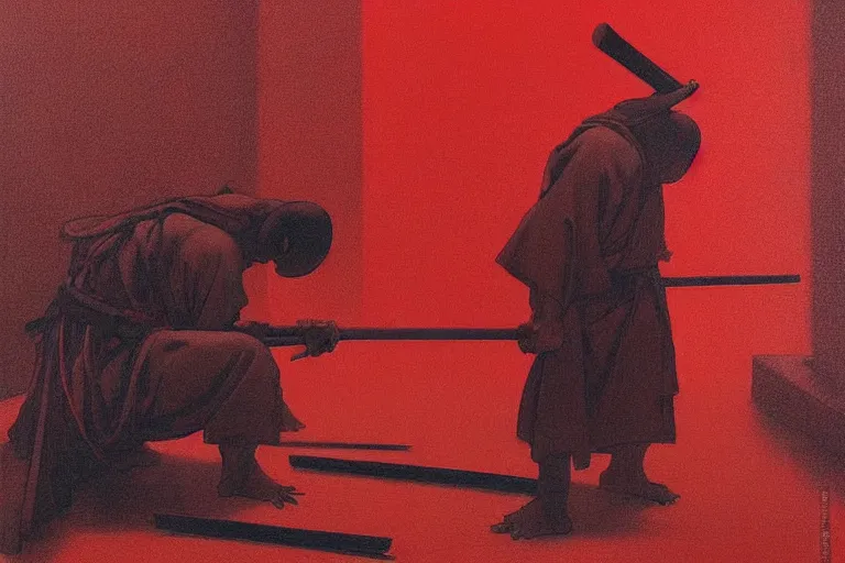 Image similar to only with red, a red samurai harakiri, tokio, a lot of frogs watch, in the style of beksinski, parts by edward hopper, parts by rodcenko, parts by yue minjun, intricate and epic composition, red by caravaggio, insanely quality, highly detailed, masterpiece, red light, artstation, 4 k