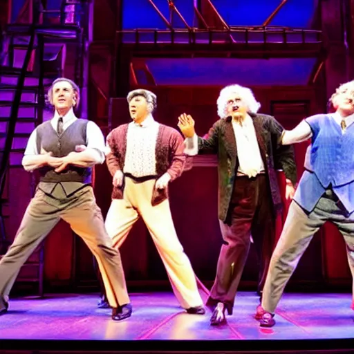 Image similar to quantum physics the musical on broadway, with isaac newton, albert einstein, the apple and the moon