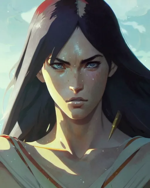 Image similar to azctec warrior, megan fox, detailed perfect face, exquisite details, fire magic, by studio muti, greg rutkowski makoto shinkai takashi takeuchi studio ghibli