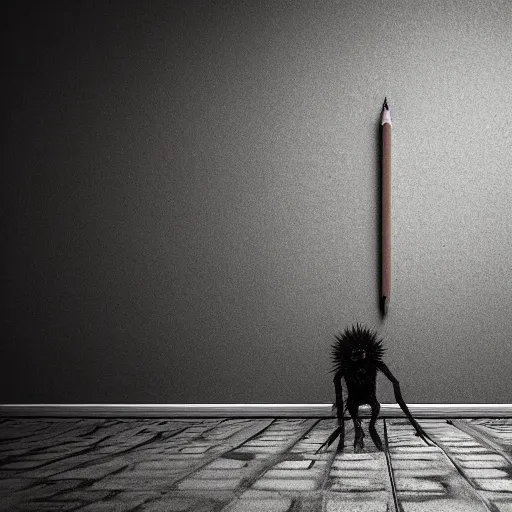 Image similar to pencil monster, dark, creepy, behind a corner, award winning eerie photo, 4 k