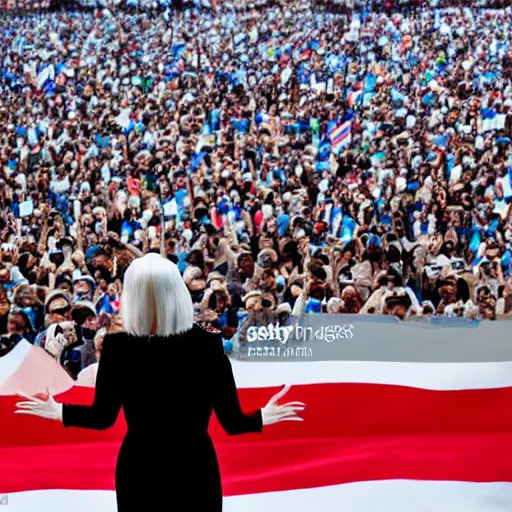 Image similar to Lady Gaga as president, Argentina presidential rally, Argentine flags behind, bokeh, giving a speech, detailed face, Argentina