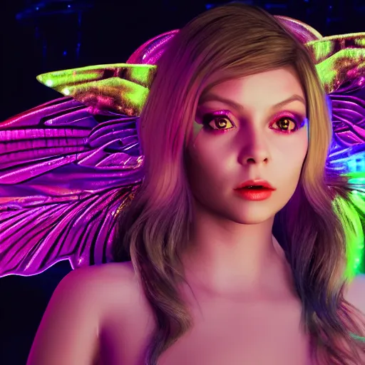 Image similar to neon fluorescent, iridescent young ornella muti with fairy wings cyperpunk 2 0 7 7, unreal engine 5, 8 k ultra realistic, hyperdetailed, volumetric lighting, extremely high quality