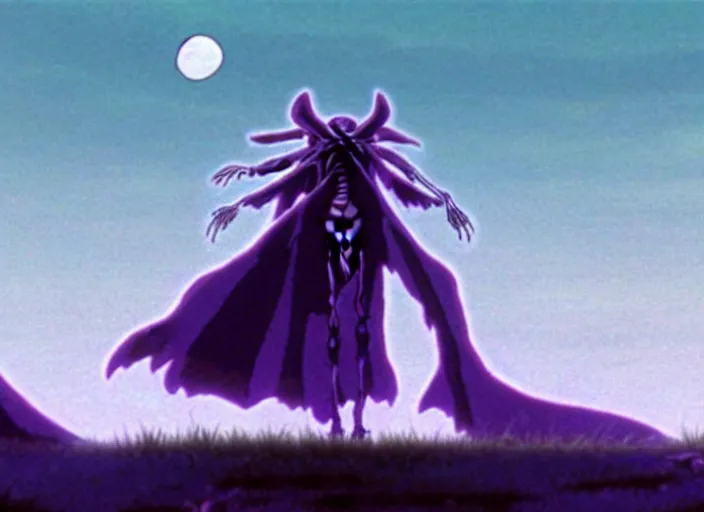 Image similar to a still from a studio ghibli movie of a purple cloaked skeleton necromancer from princess mononoke ( 1 9 9 7 ), in front of a pale full moon, full body, wide shot, very dull muted colors, studio ghibli, highly detailed, deviantart, art by artgem