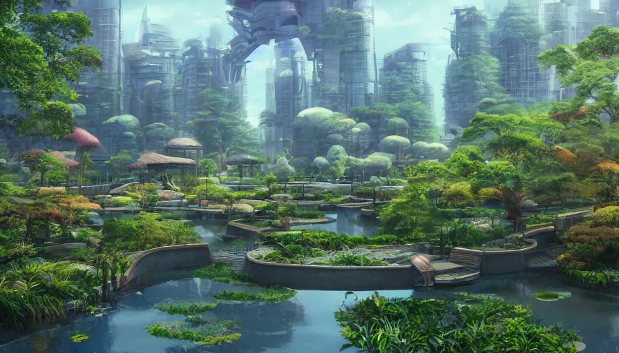 Prompt: futuristic city with a pond, beautiful ancient trees, hiding large treasure chest, serene evening atmosphere, soft lens, soft light, cel - shading, animation, in the style of cgsociety, deviantart, artstation, zbrush, cinema 4 d, studio ghibli, akihiko yoshida, atelier lulua, masamune shirow