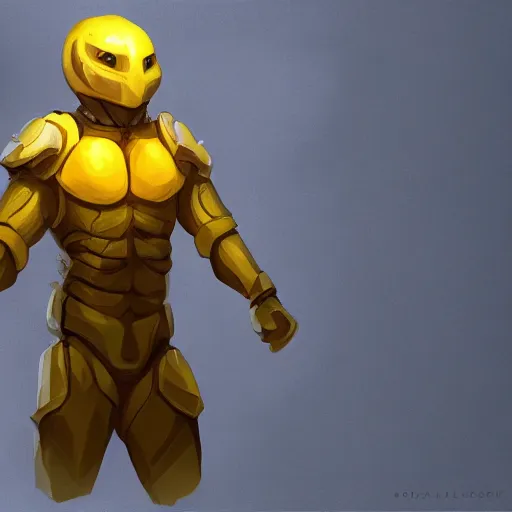 Image similar to A lemon full body portrait wearing dark matter armor standing on a hill, dynamic lighting, photorealistic concept art, stunning visuals, creative, trending on art station, ultra detailed