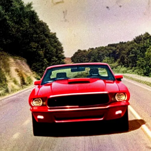 Image similar to coloured photograph of a muscled young white bald guy with broad shoulders, black shirt and a large chest driving a racing red mustang down a british road, high detail, very clear faces