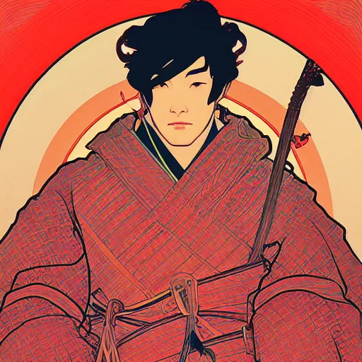 Prompt: portrait of a samurai, red moon on the background, illustration, pop art, thick brush, art by alphonse mucha, makoto shinkai