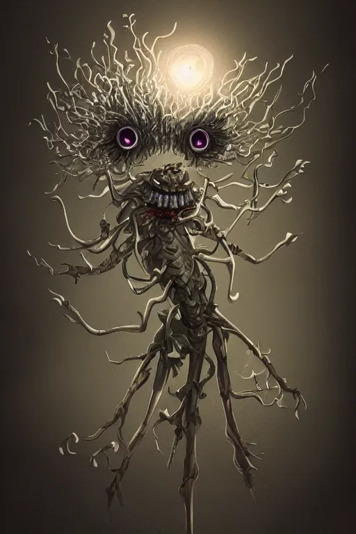 Prompt: a humanoid figure dandelion monster with bulbous glowing eyes, highly detailed, digital art, sharp focus, trending on art station, artichoke, anime art style