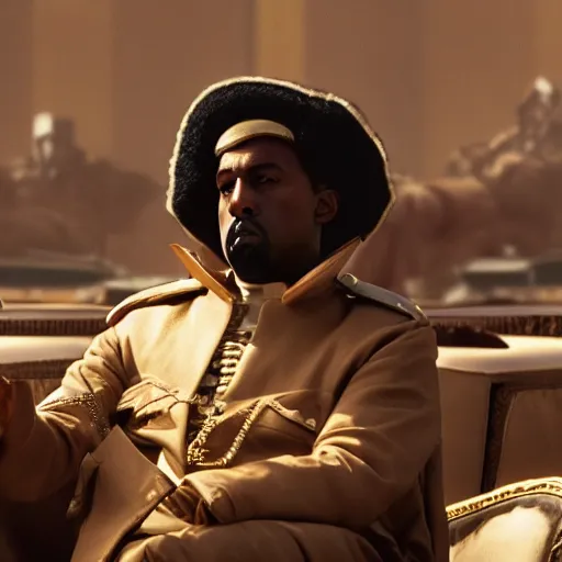 Image similar to kanye west as muammar kadhafi as emperor napoleon in fallout, splash art, movie still, detailed face, cinematic lighting, dramatic, octane render, long lens, shallow depth of field, bokeh, anamorphic lens flare, 8 k, hyper detailed, 3 5 mm film grain