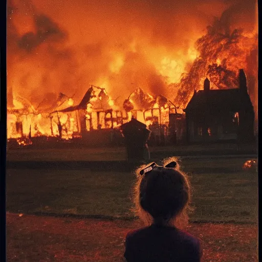 Image similar to young girl watching an old victorian house burning, the background burning houses, destroyed churches, and red ribbons fly into the black sky