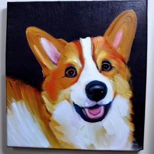 Image similar to expressive oil painting of corgi dog with a old telephone line calling