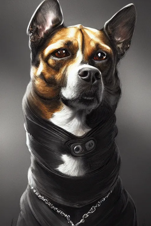 Image similar to portrait illustration of a dog as a italian mafia leader, intricate, elegant, highly detailed, digital painting, artstation, concept art, smooth, sharp focus, illustration, art by artgerm and greg rutkowski and alphonse mucha and william - adolphe bouguereau