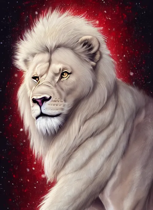 Image similar to award winning beautiful portrait commission of a male furry anthro albino lion with tattoos on his muscular belly with a beautiful hyperdetailed attractive outfit and face wearing a golden and red winter cozy outfit with red background and white snow falling around lion. Character design by charlie bowater, ross tran, and makoto shinkai, detailed, inked, western comic book art