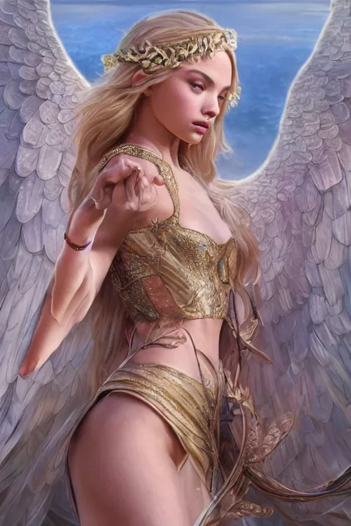 Image similar to ultra realistic illustration, a stunningly beautiful greek goddess of ecstasy played by jordyn jones and dove cameron and margot robbie and taylor swift and megan fox and natalie dormer, intricate, elegant, highly detailed, digital painting, artstation, concept art, smooth, sharp focus, illustration, art by artgerm and greg rutkowski and alphonse mucha
