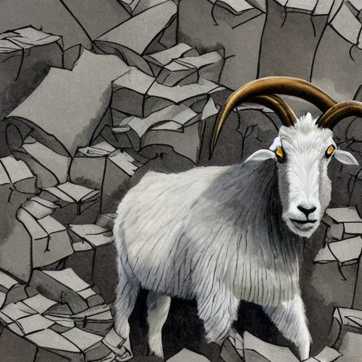 Prompt: a mountain goat munching from a heap of papers, highly detailed, composition, atmospheric